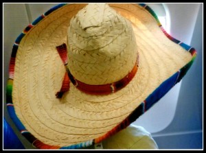 SJ  in sombrero staring out of airplane