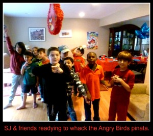 SJ and friends are ready to whack the Angry Bird Pinata