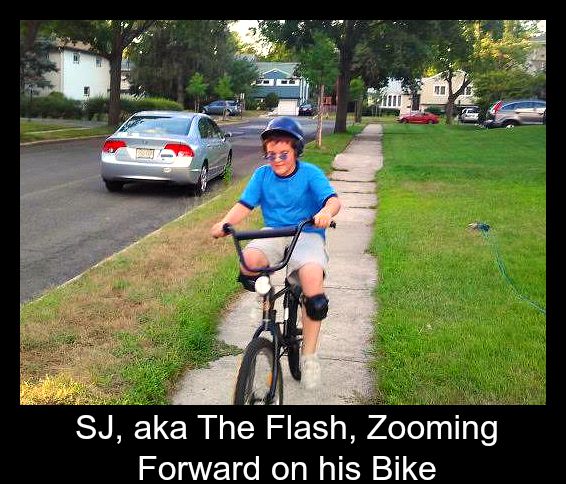 SJ, aka The Flash, zooming forward on his bike